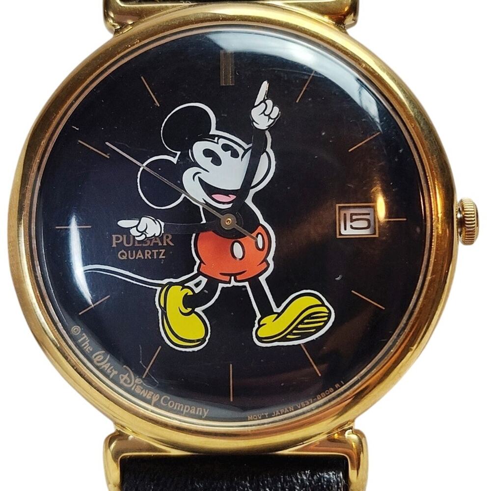 Vintage Mickey Mouse Pulsar Watch Gold Tone Black Dial Date